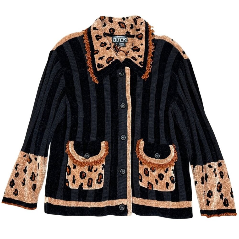 Vintage 90s Berek 2 Animal Print Chenille Knit Cardigan Button Patch Pockets Sma